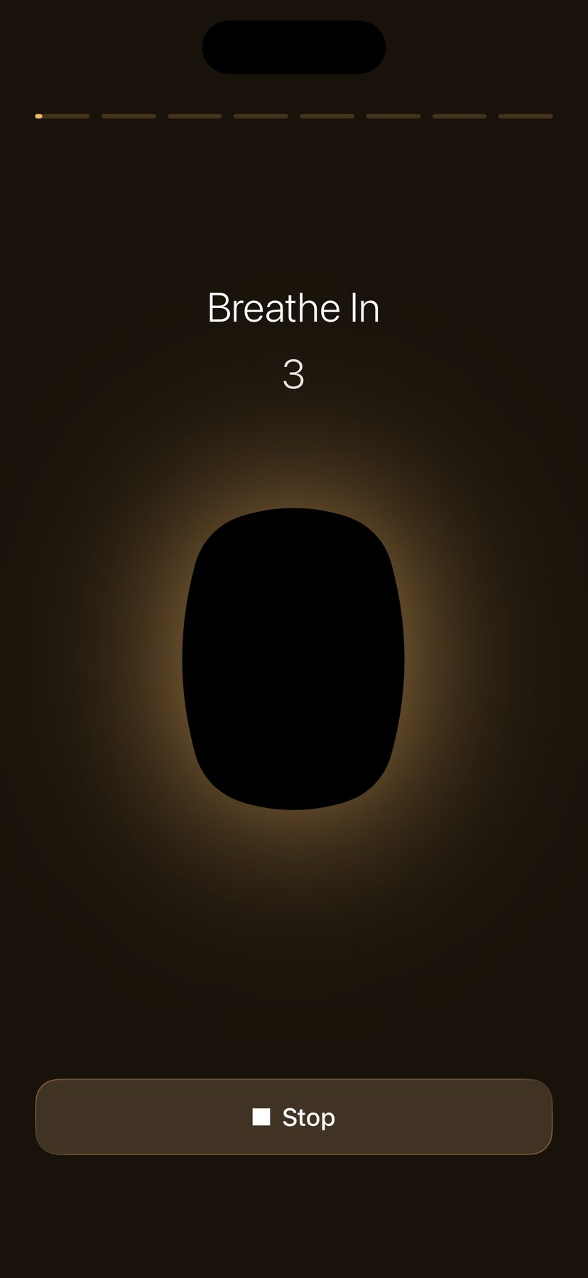 Orris session screen guiding a five-second inhale, with a glowing breathing shape and a Stop button
