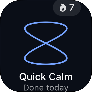 Home screen widget showing the Quick Calm shape, a 7-day streak flame, and Done today